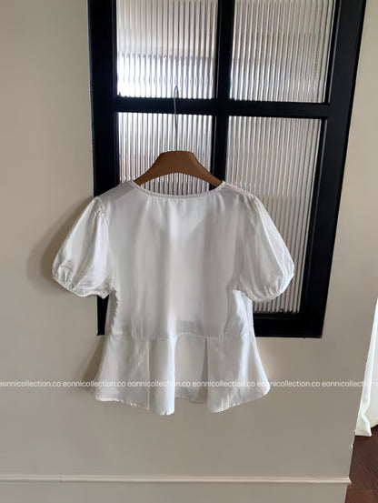 #1073 Breathable Tencel Linen Blend V Neck Top With Ruffled Hem（3 Colors）