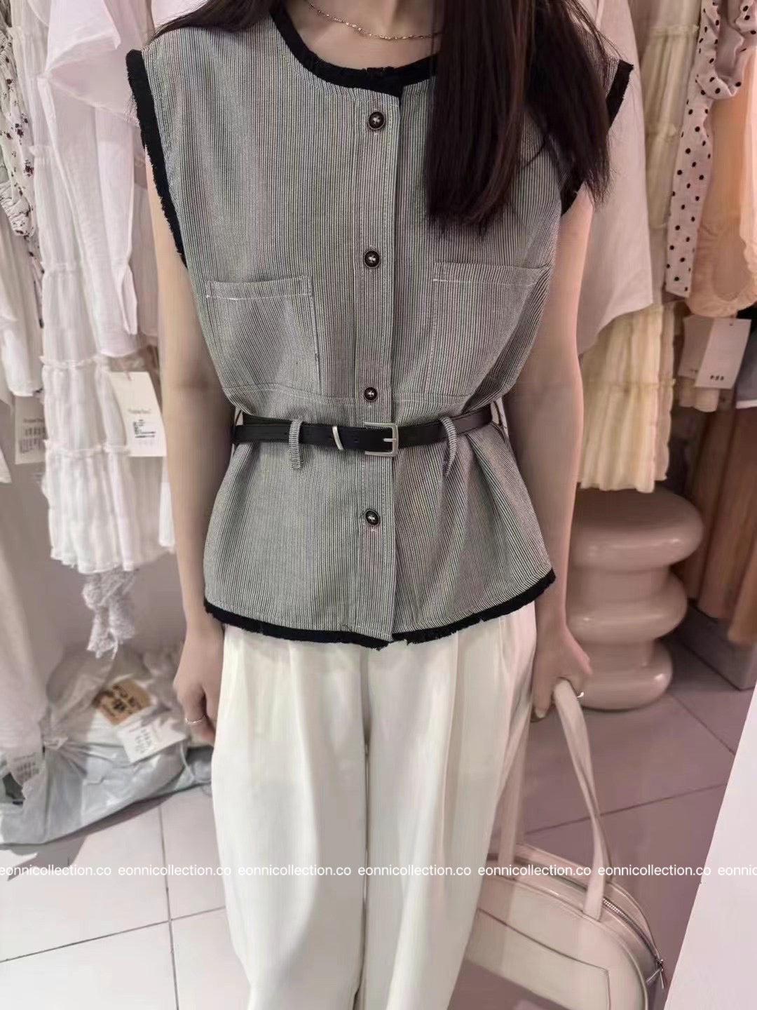 #1092 Chanel Colorblock Vest Raw Edging with Belt (2 Colors)