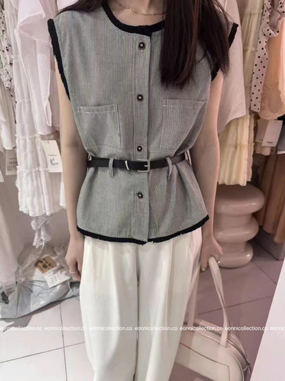 #1092 Chanel Colorblock Vest Raw Edging with Belt (2 Colors)