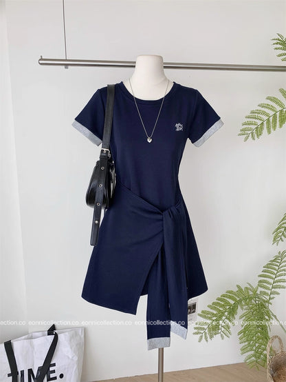 #2086 Preppy Cotton Tee Dress with Subtle Embroidery（3 Colors）