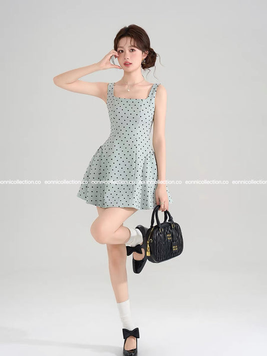#2042 Miu Inspired Cotton Linen Polka Dot Midi Dress Corset Style Back Lacing & Fitted Waist - Ash Green