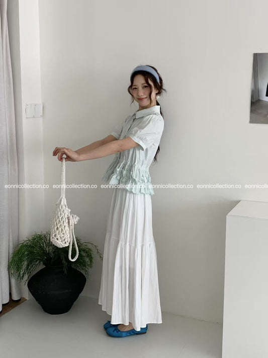 #3022 Elasticized High Waisted Cotton A Line Skirt - White