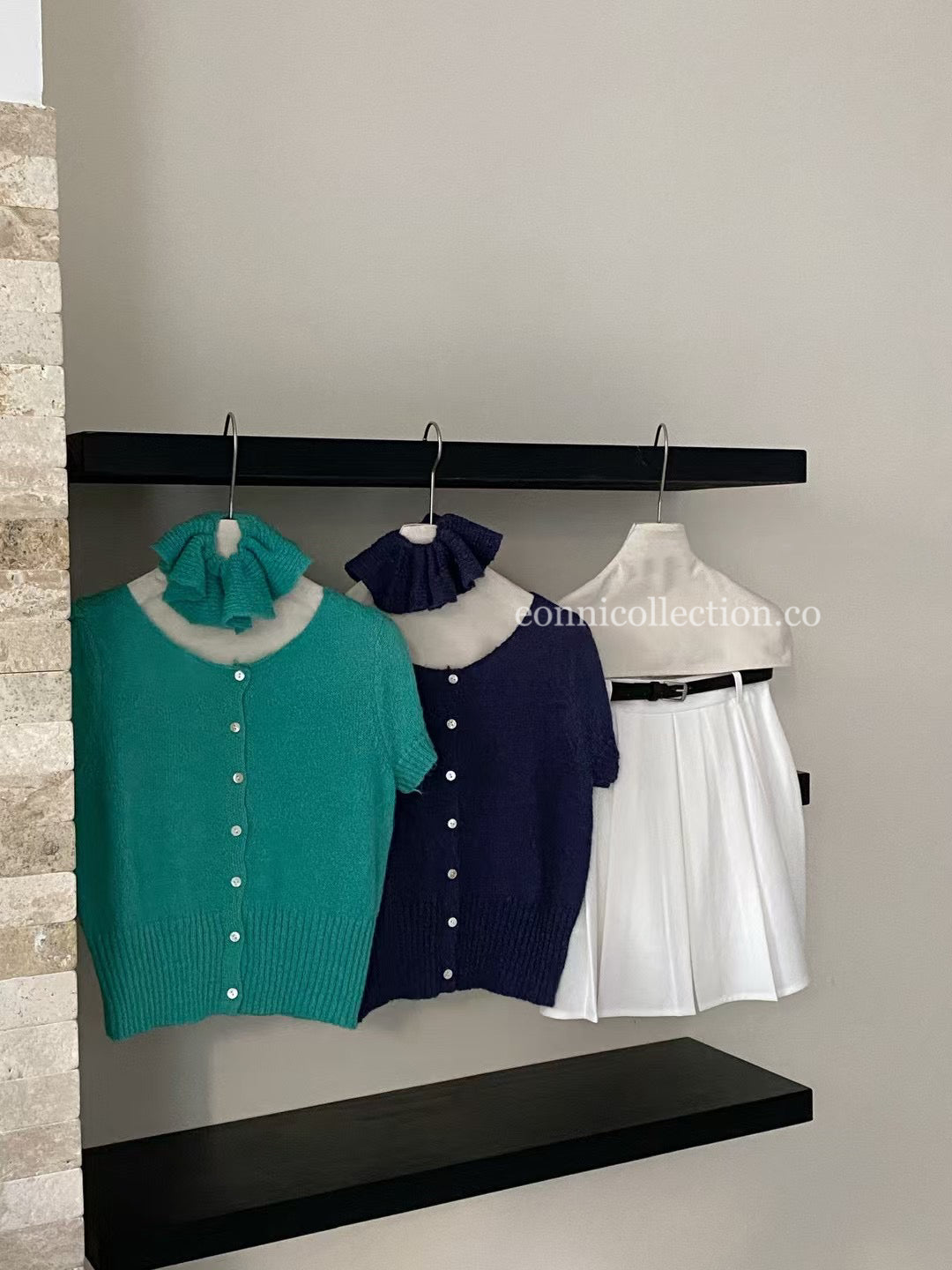 #1025 Korean-Style Lightweight Knit Sweater Short-Sleeve Top With Matching Hair Tie - Dark Blue