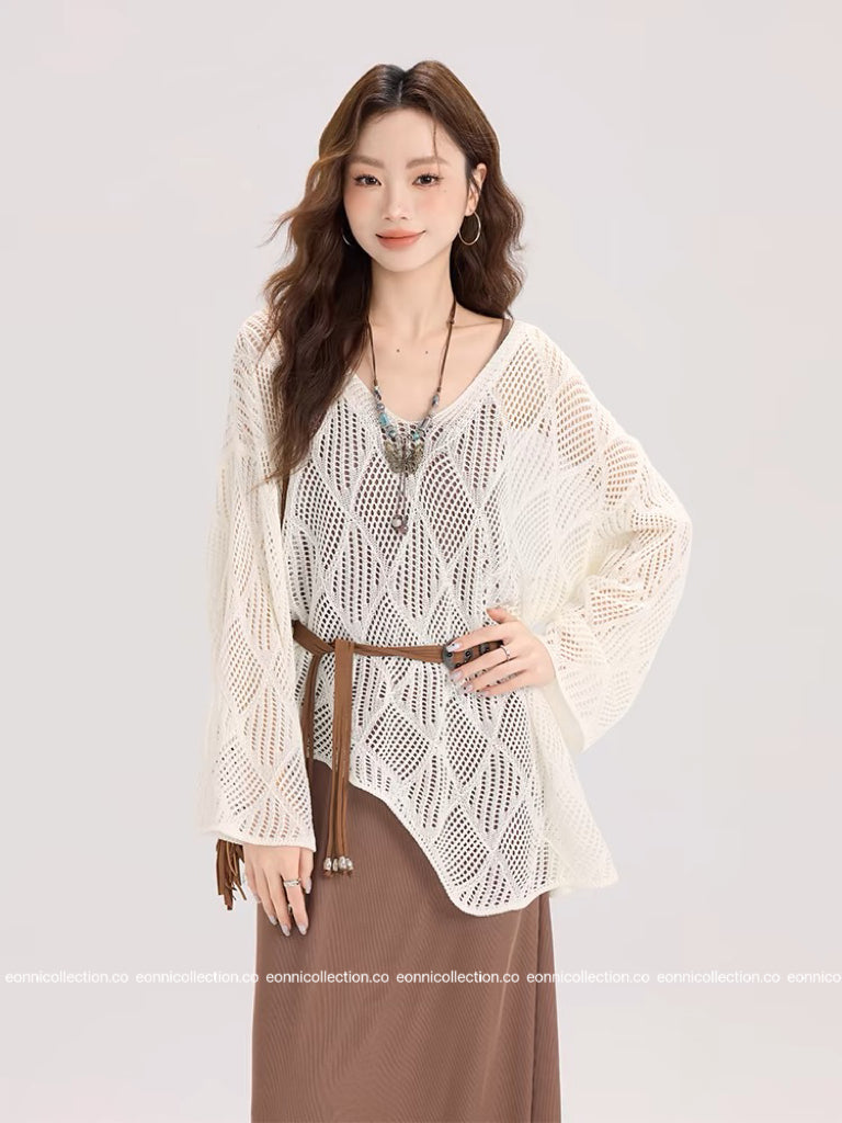 #1102 Knit Crochet-Inspired Belted Top
