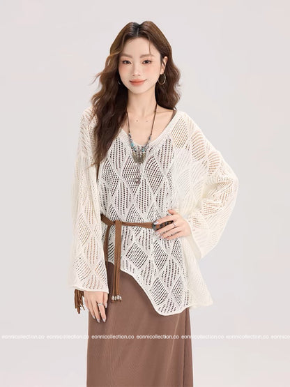 #1102 Knit Crochet-Inspired Belted Top