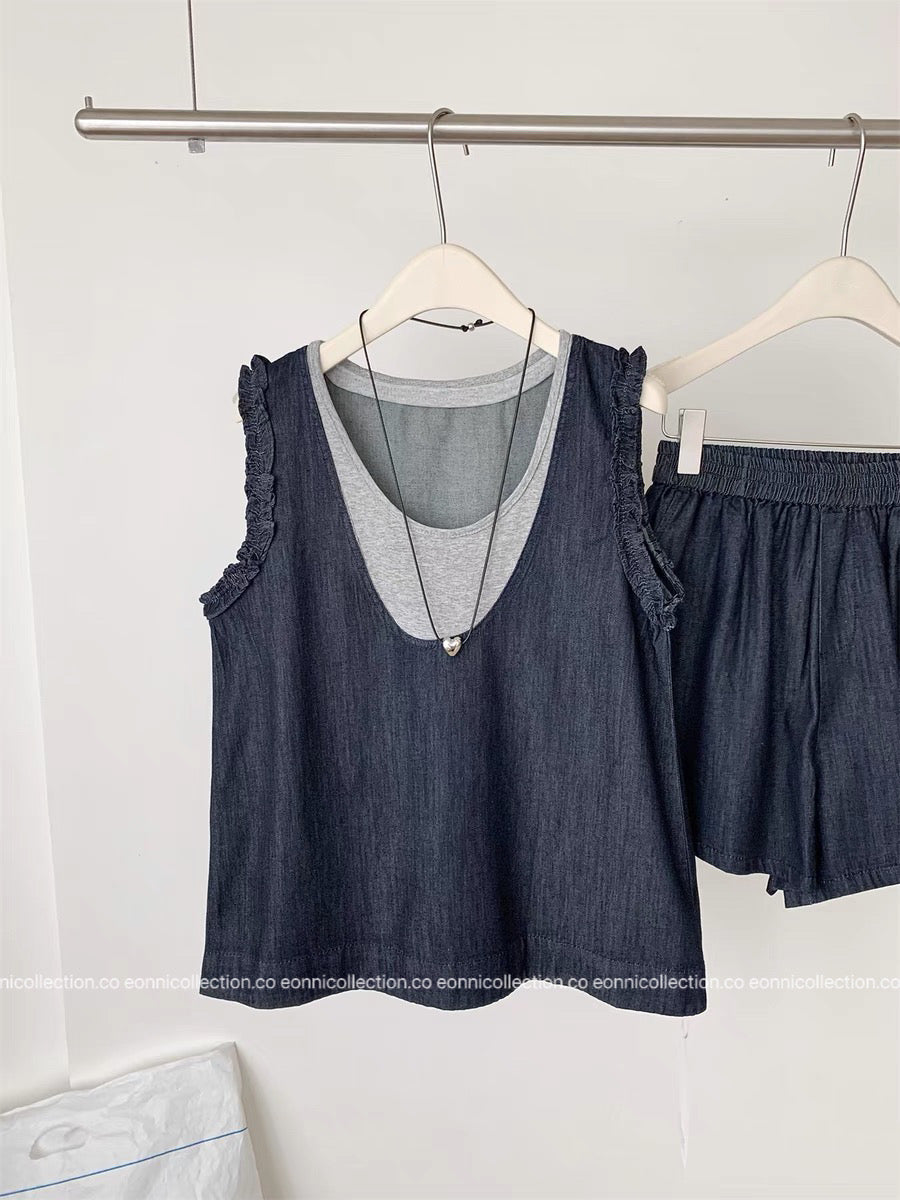 #2107 Colorblock Layered-Look Tank & Denim Shorts Set