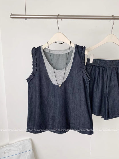 #2107 Colorblock Layered-Look Tank & Denim Shorts Set