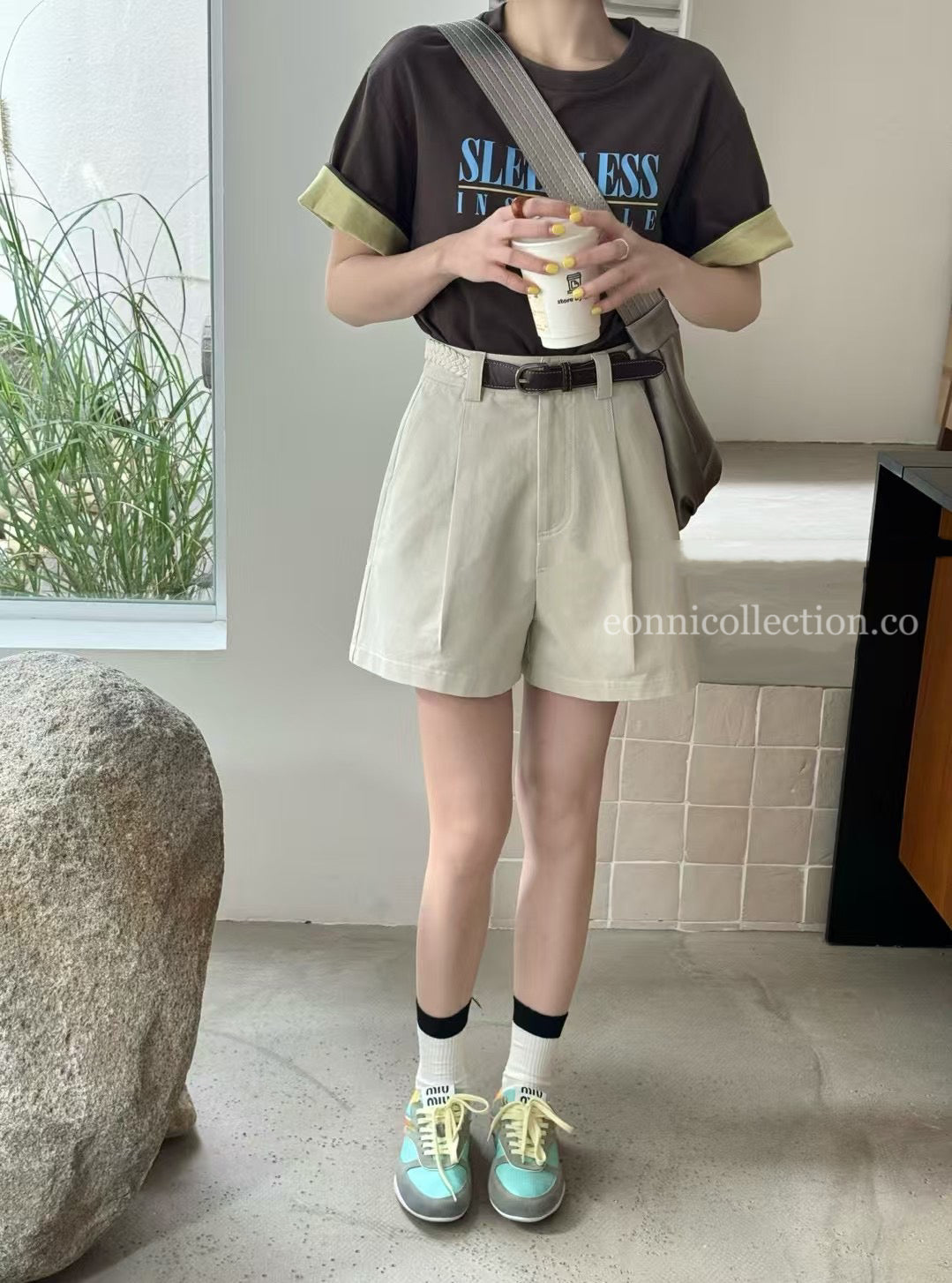 #3009 A Lined Shorts w/ Woven Waistband - Beige