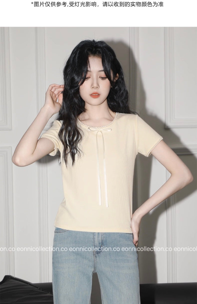 #1048 Bow And Lace Accent T-Shirt （2 Colors）