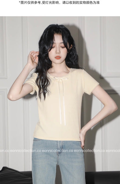 #1048 Bow And Lace Accent T-Shirt （2 Colors）