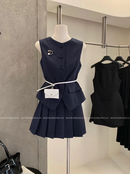 #2098 Modern Sophisticated Vest & Pleated Skirt Set with Brooch