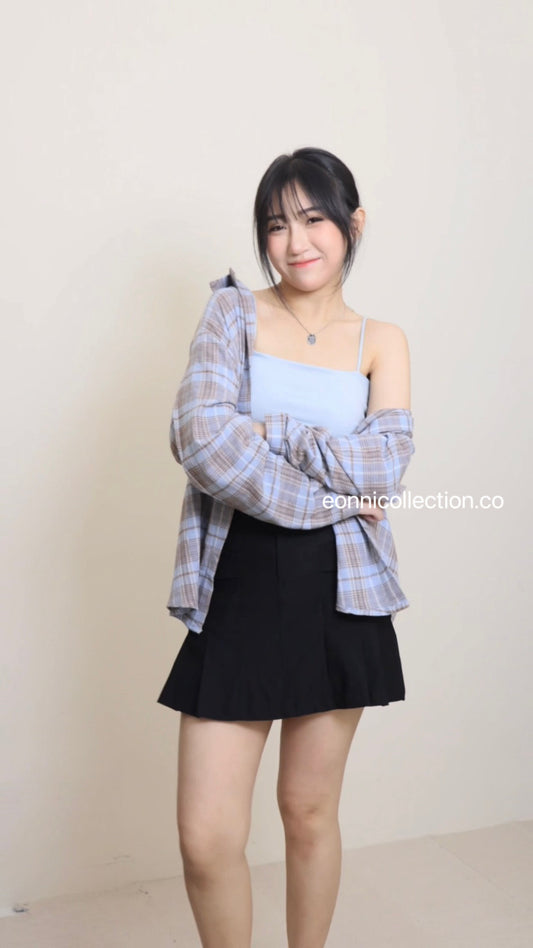 #1041 Navy Plaid Blouse & Padded Strappy Camisole Set