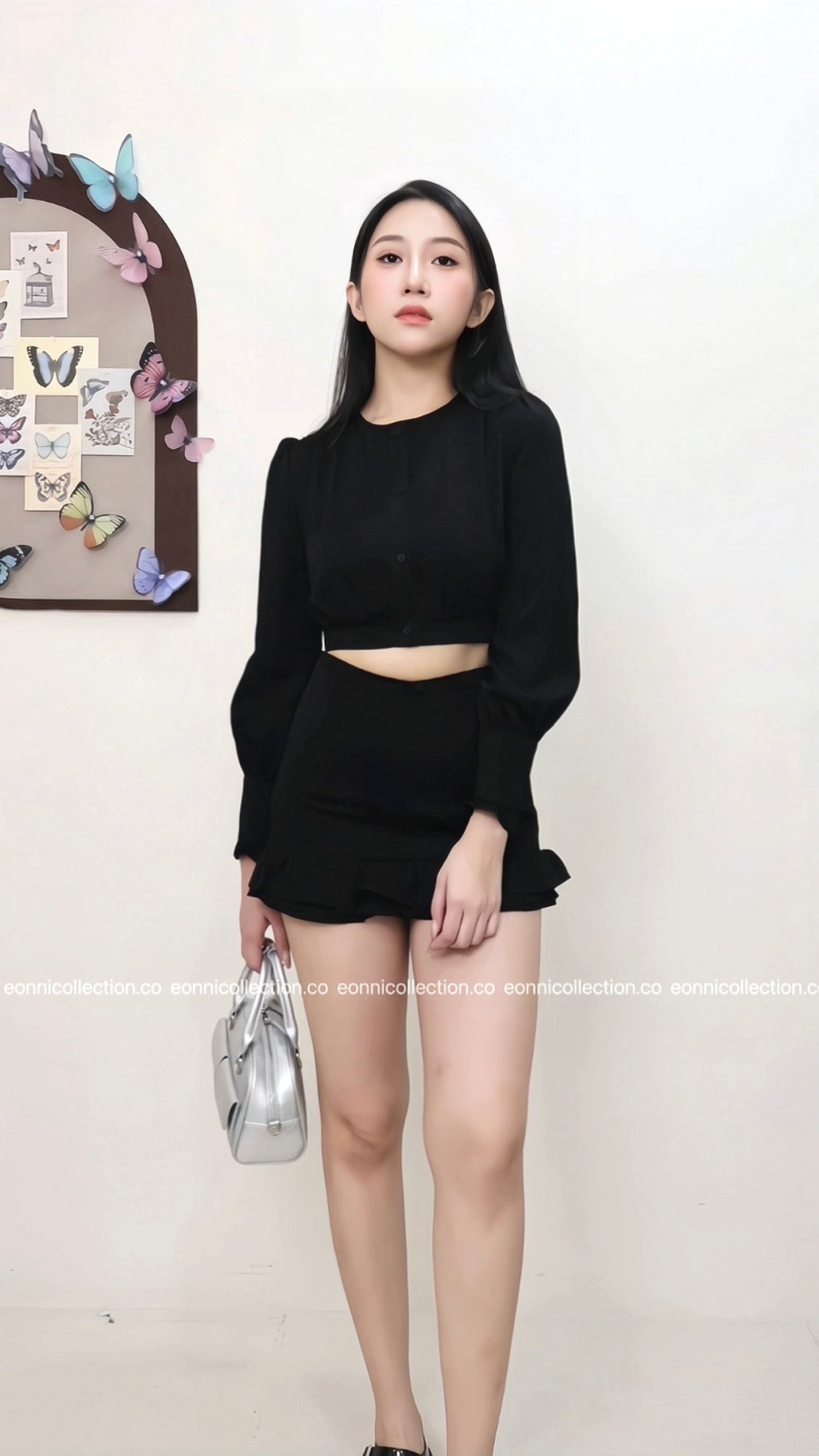 #2070 Parisian Crop Top & Flounced Pencil Skirt Ensemble - Black