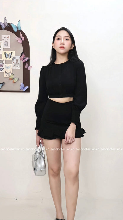 #2070 Parisian Crop Top & Flounced Pencil Skirt Ensemble - Black