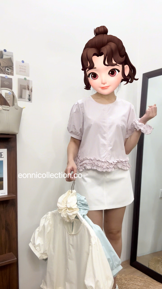 #1035 Loose-Fit Short Sleeve Shirt w/ Ruffle Trim & Matching Hair Tie - Light Purple