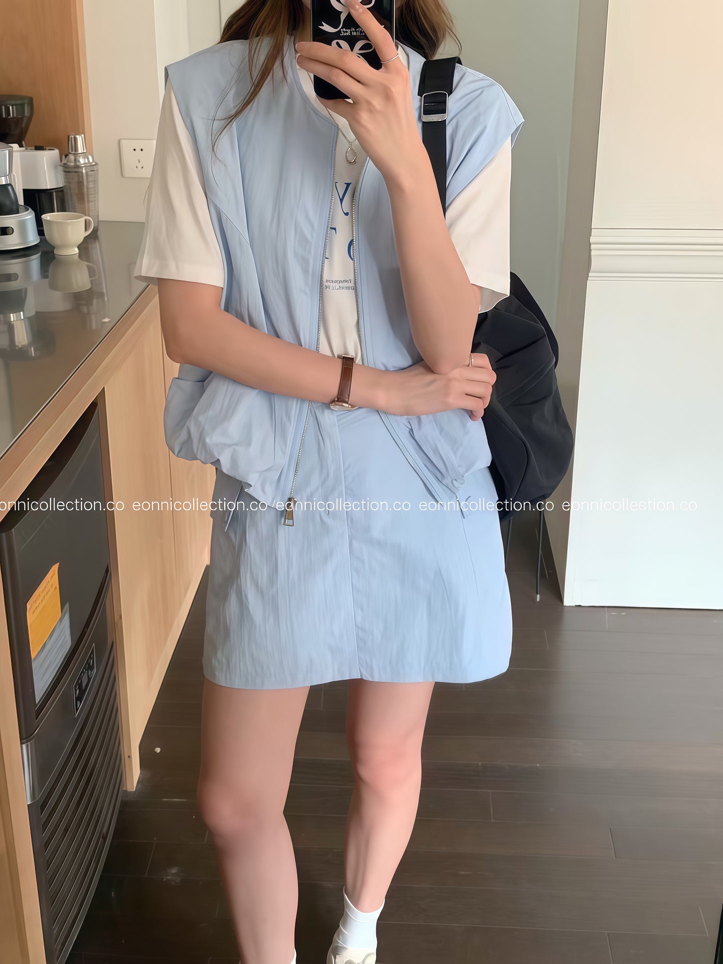 #2041 Korean Style Casual Vest + Cargo Skirt with Built in Safety Shorts - Light Blue