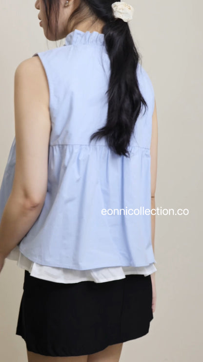#1054 Korean Style Mock Two Piece Ruffled Sleeveless Blouse - Blue