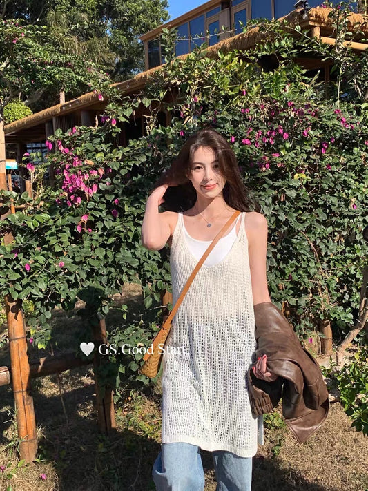 #1045 Knit Strappy Midi Slip Dress - Cream