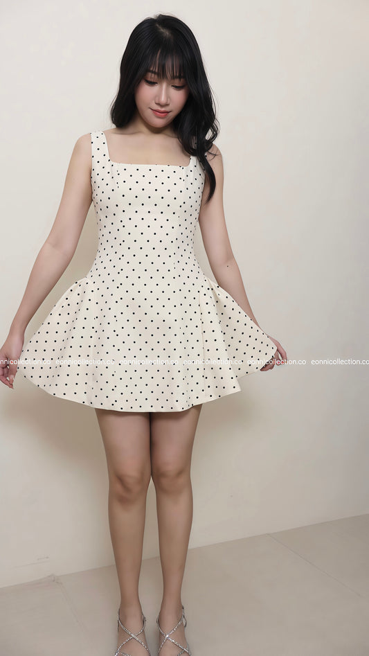 #2042 Miu Inspired Cotton Linen Polka Dot Midi Dress Corset Style Back Lacing & Fitted Waist - Beige