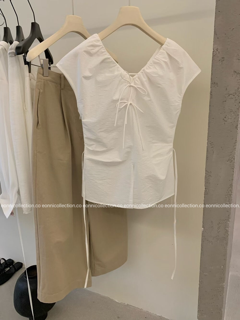 #1079 Crinkled V Neck Blouse Hand Pleated Neckline - White