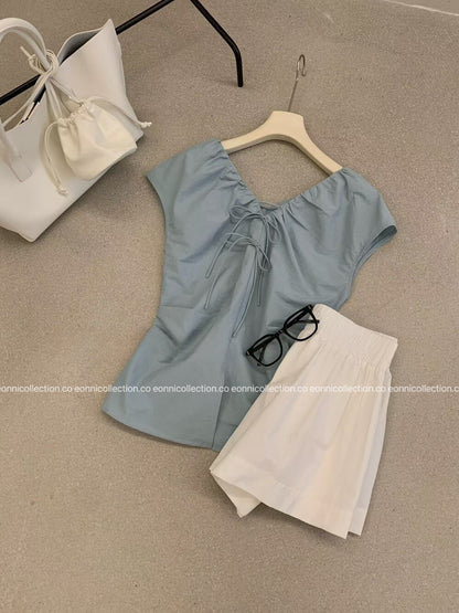 #1079 Crinkled V Neck Blouse Hand Pleated Neckline（4 Colors）