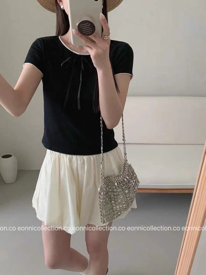 #1048 Bow And Lace Accent T-Shirt （2 Colors）