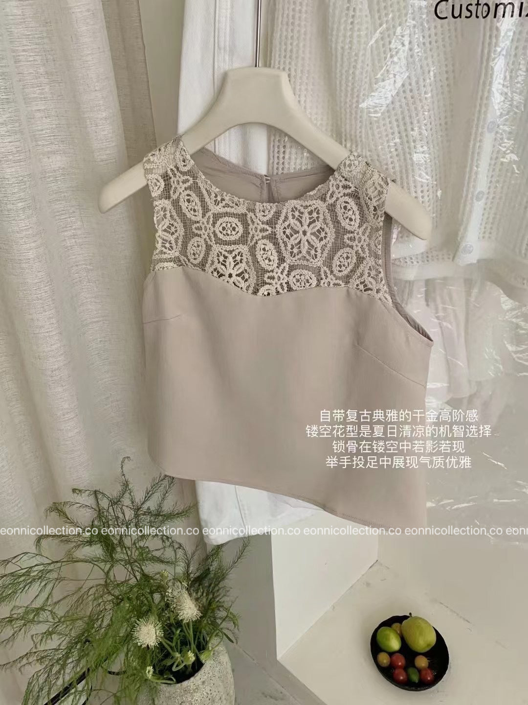 #2051 Women Boucle Set With Delicate Cutwork & Lace Coordinates