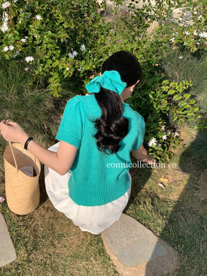 #1025 Korean-Style Lightweight Knit Sweater Short-Sleeve Top With Matching Hair Tie - Green