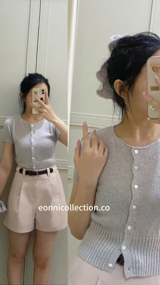#1025 Korean-Style Lightweight Knit Sweater Short-Sleeve Top With Matching Hair Tie - Light Grey