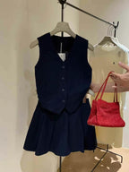 #2017 French Minimalist Linen-Blend Tank Set - Dark Blue