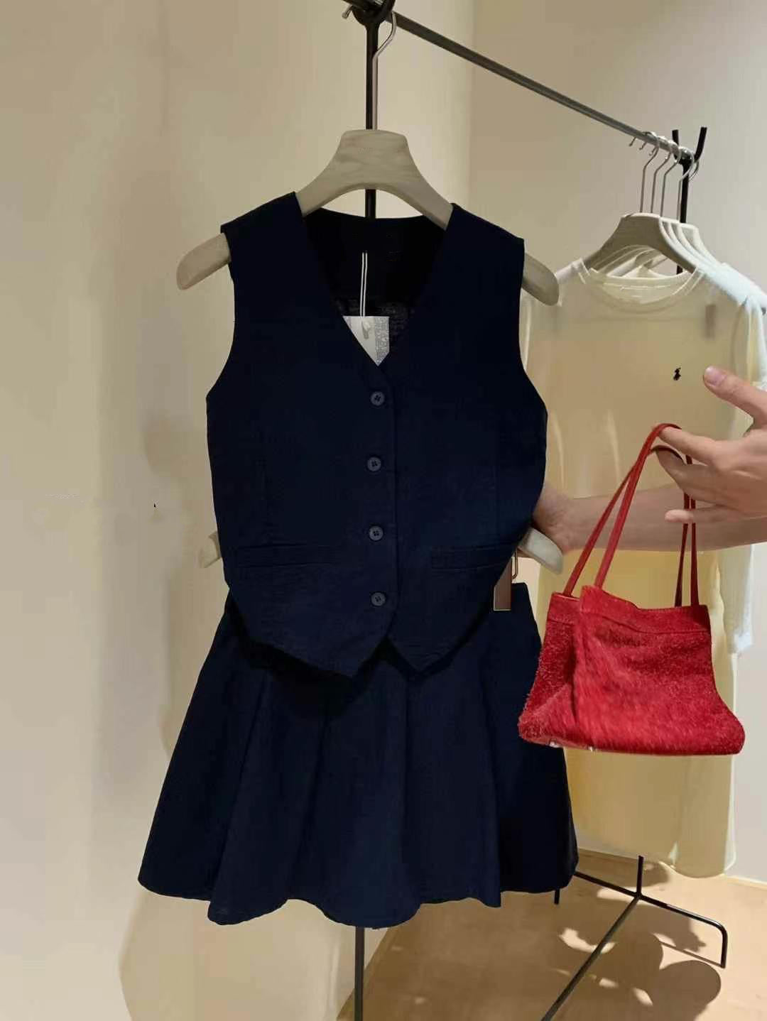 #2017 French Minimalist Linen-Blend Tank Set - Dark Blue