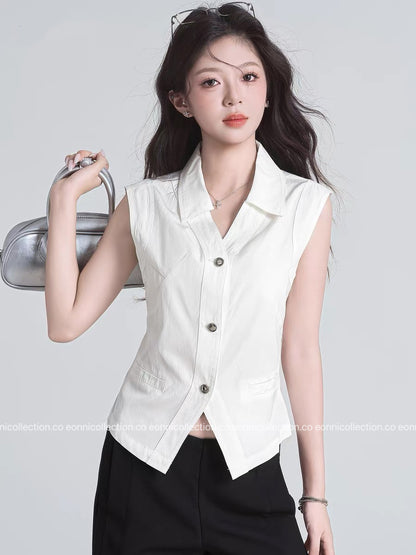 #1093 French Minimal Vest Style Blouse（2 Colors）