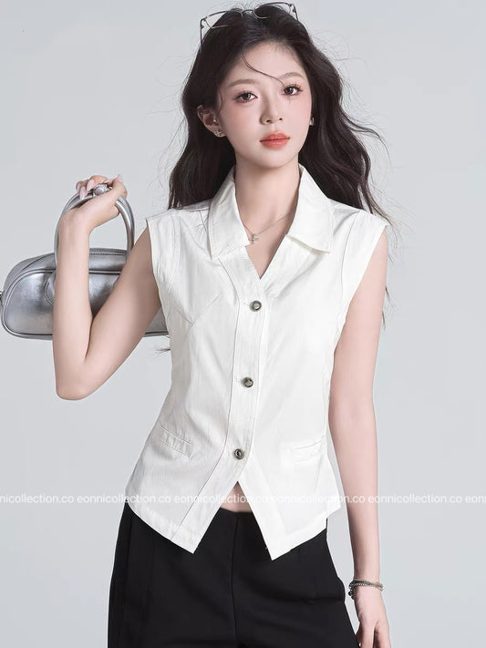 #1093 French Minimal Vest Style Blouse（2 Colors）