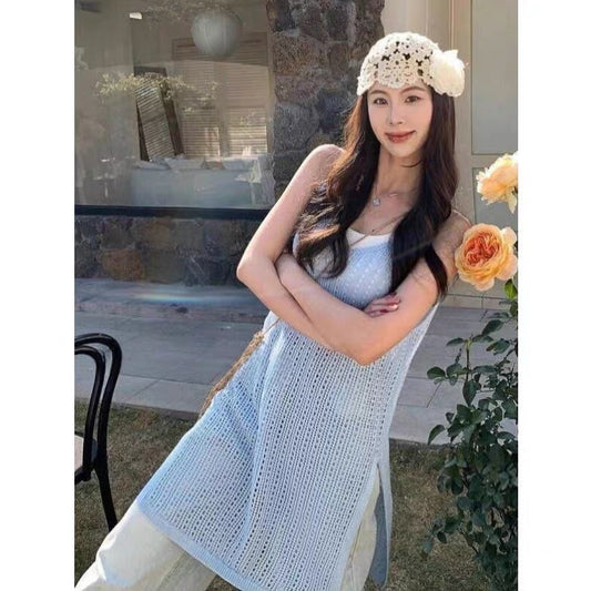 #1045 Knit Strappy Midi Slip Dress - Blue