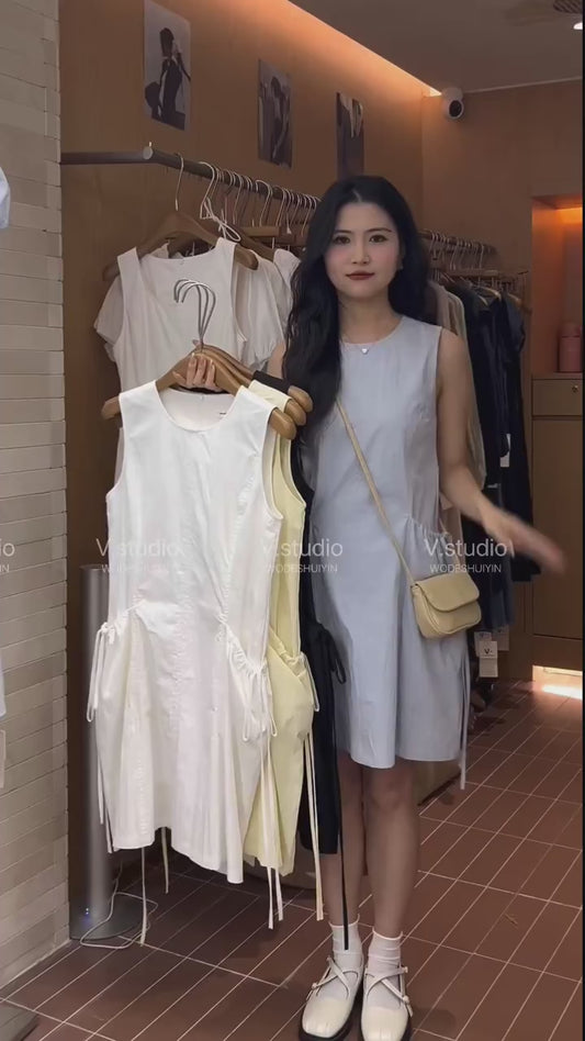 #2030 Korean Style Drawstring Pocket Tank Dress - Black