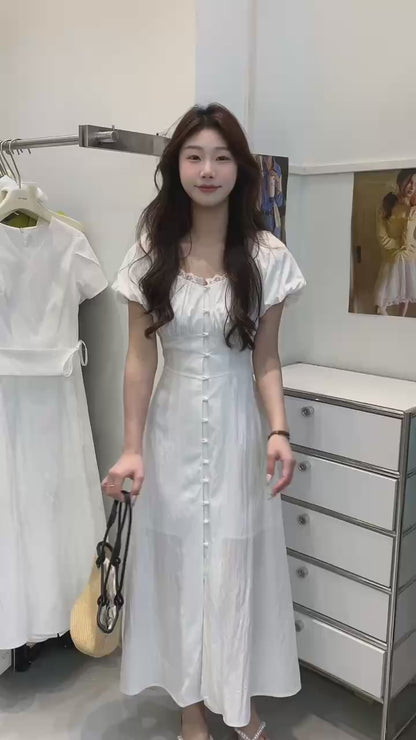 #2087 Romantic Puff Sleeve Square Neck Dress + Hair Tie Set（3 Colors）